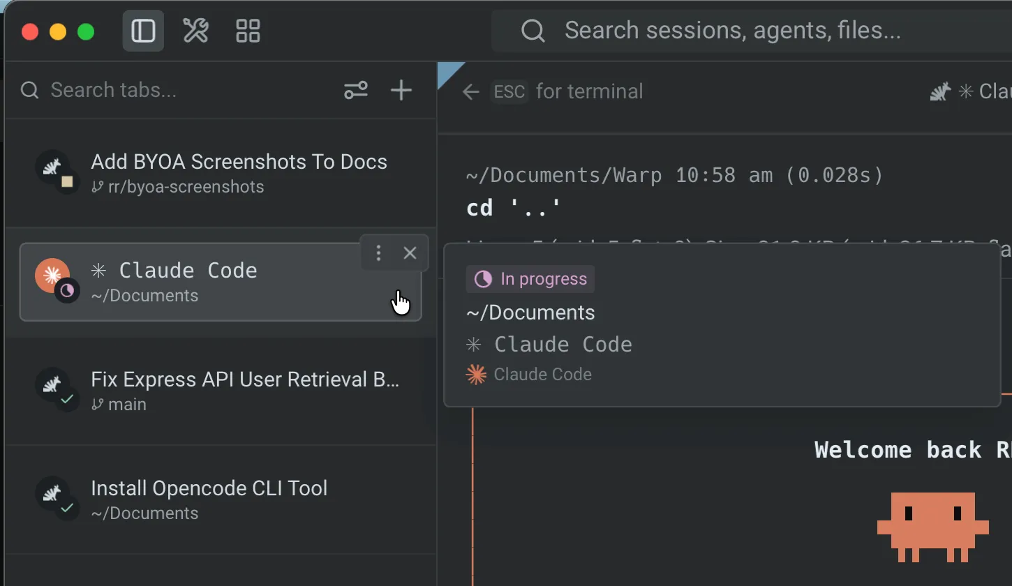 The vertical tabs panel with a Claude Code tab hovered, showing a floating detail card with the agent's In progress status, working directory, and session title